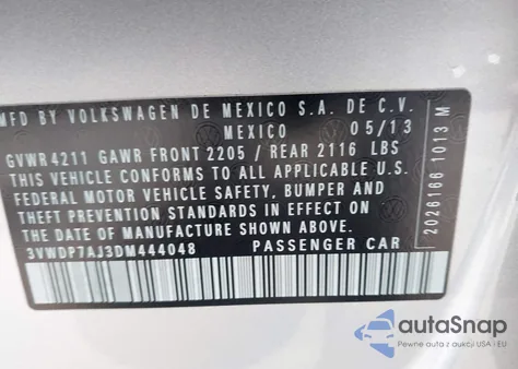 2013 Volkswagen Jetta 2.5L Se из США, поврежденный, VIN 3VWDP7AJ3DM444048